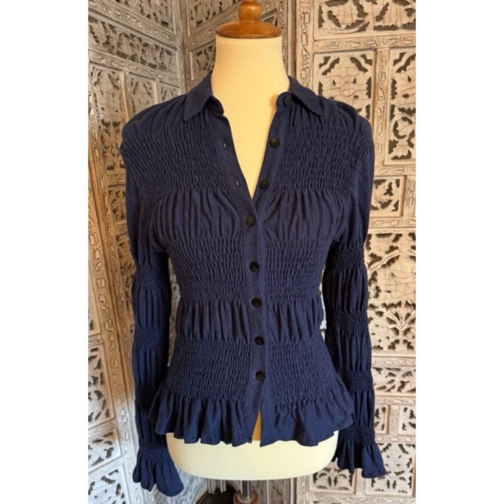 Women's Navy Smocked Button-Down Shirt